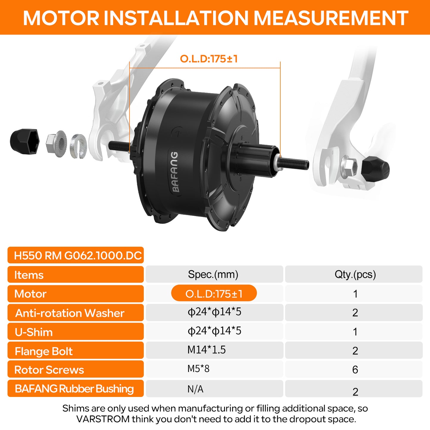 BAFANG 48V 1000W RM G0062.1000.DC Rear Hub Complete Conversion Kit Installation Measurement