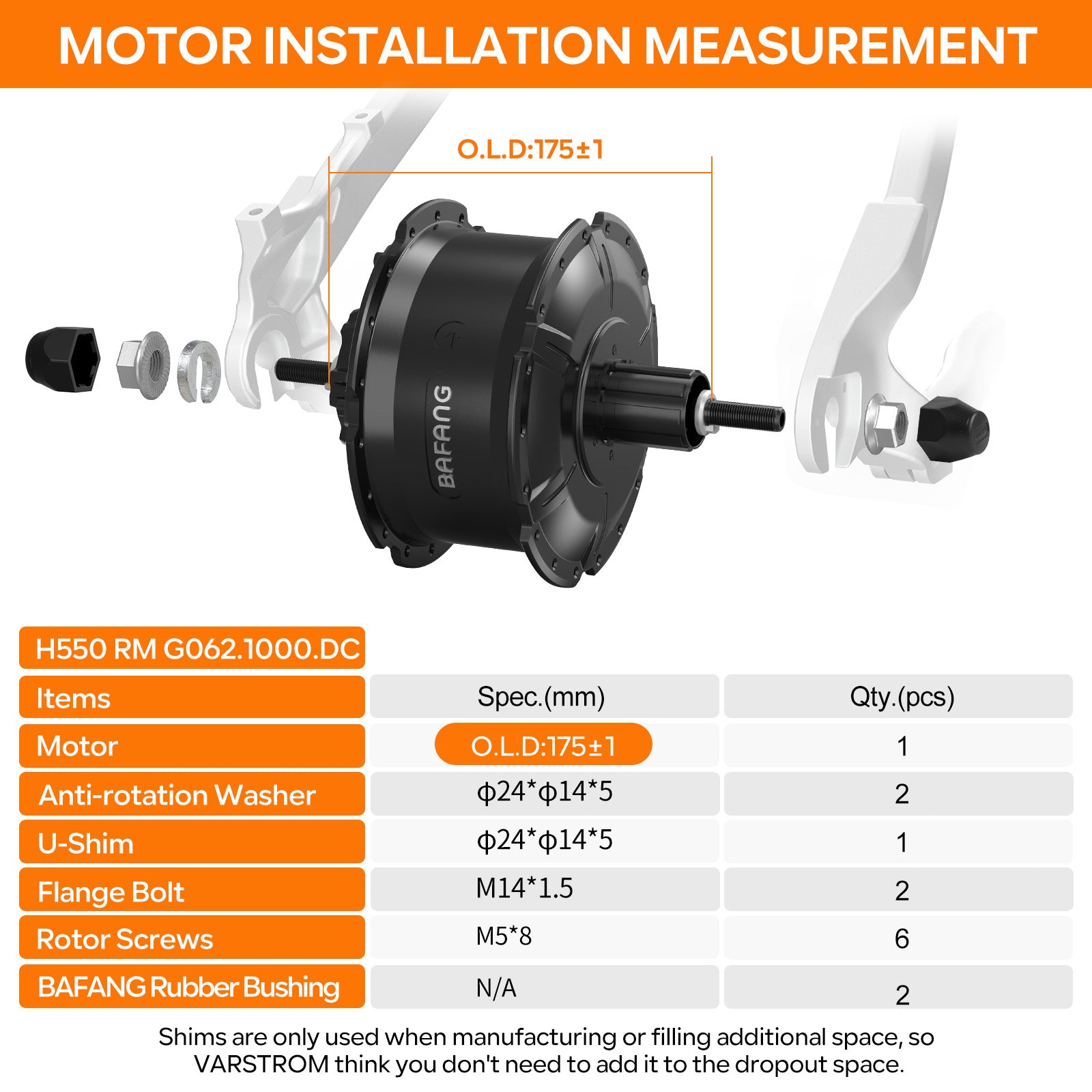 BAFANG 48V 1000W RM G0062.1000.DC Rear Hub Complete Conversion Kit Installation Measurement