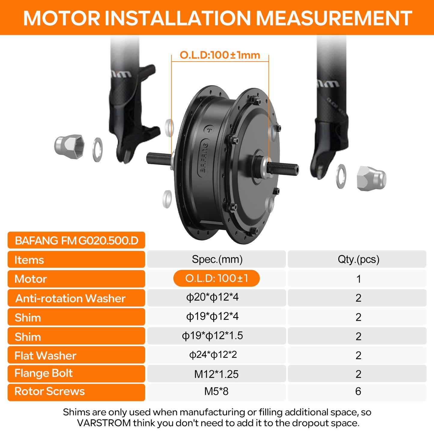 BAFANG 48V 500W FM G020.500.D Front Hub Complete Conversion Kit Installation Measurement