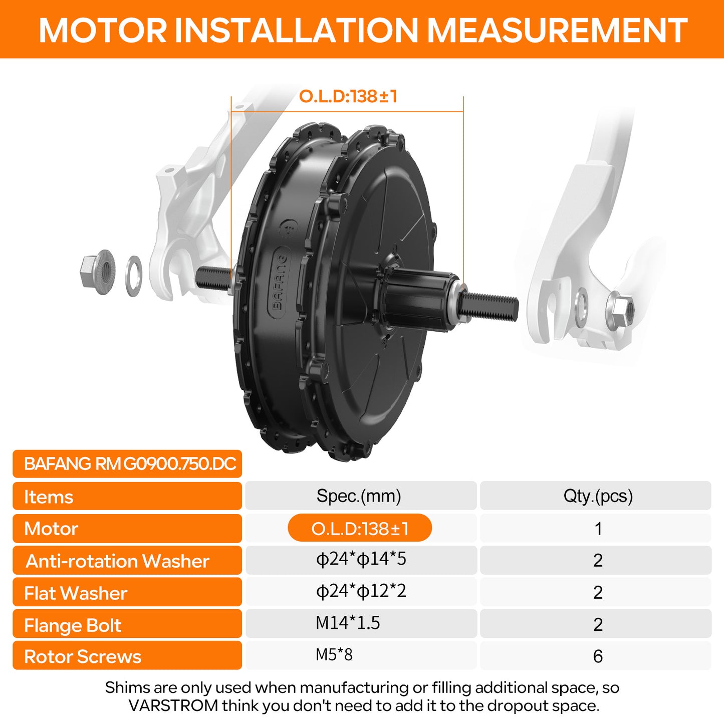 BAFANG 48V 750W RM G0900.750.DC Rear Hub Complete Conversion Kit Installation Measurement