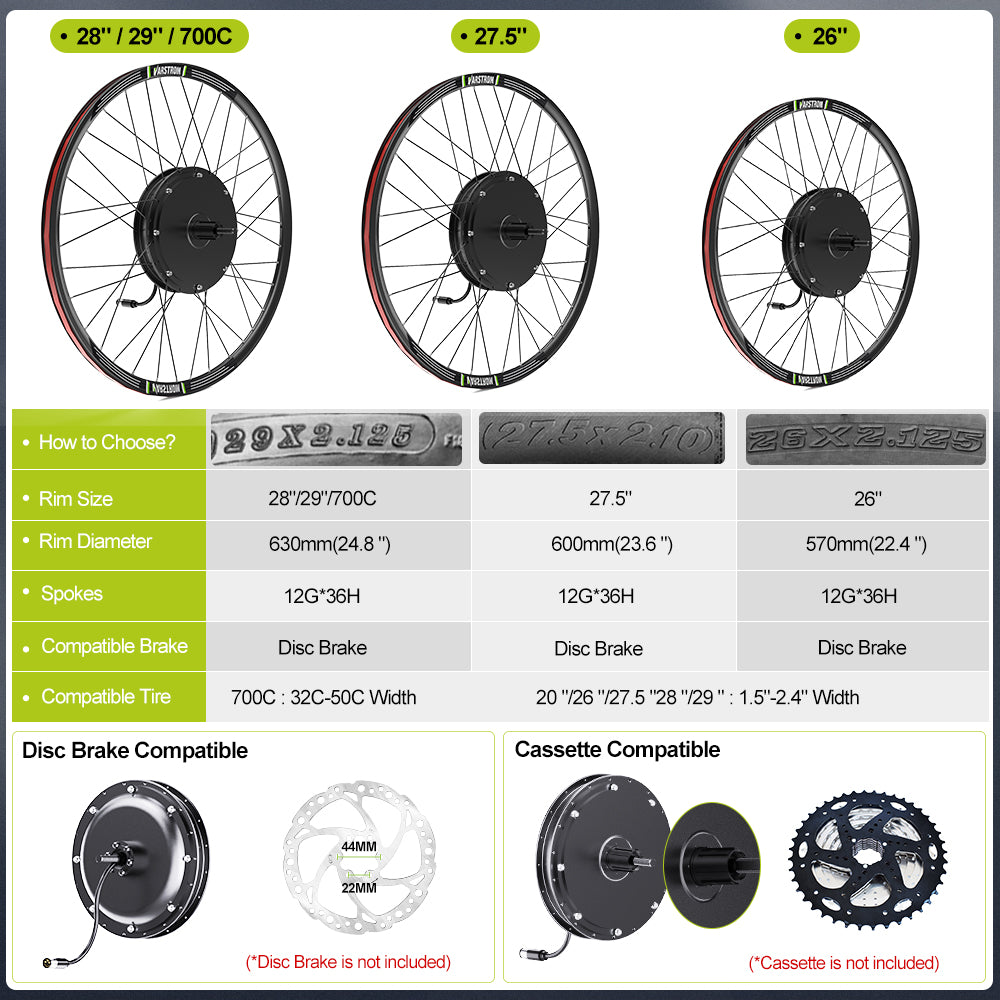 Varstrom 48V 1000W Rear Hub Motor Conversion Kit with Disc Brake and Cassette Body