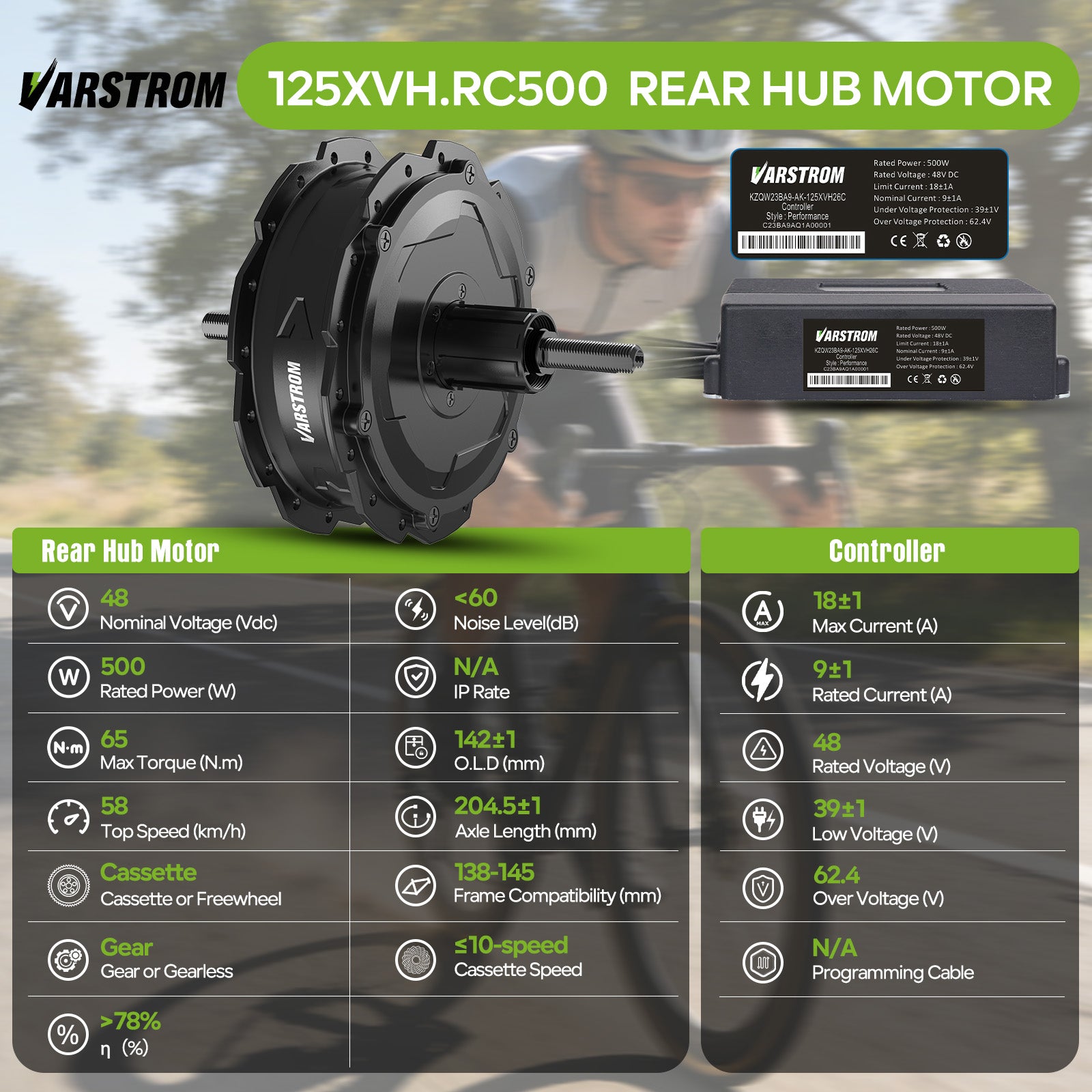 Controller Specs for VARSTROM (AIKEMA) 48V 500W 125XVH.RC Rear Hub Complete Conversion Kit
