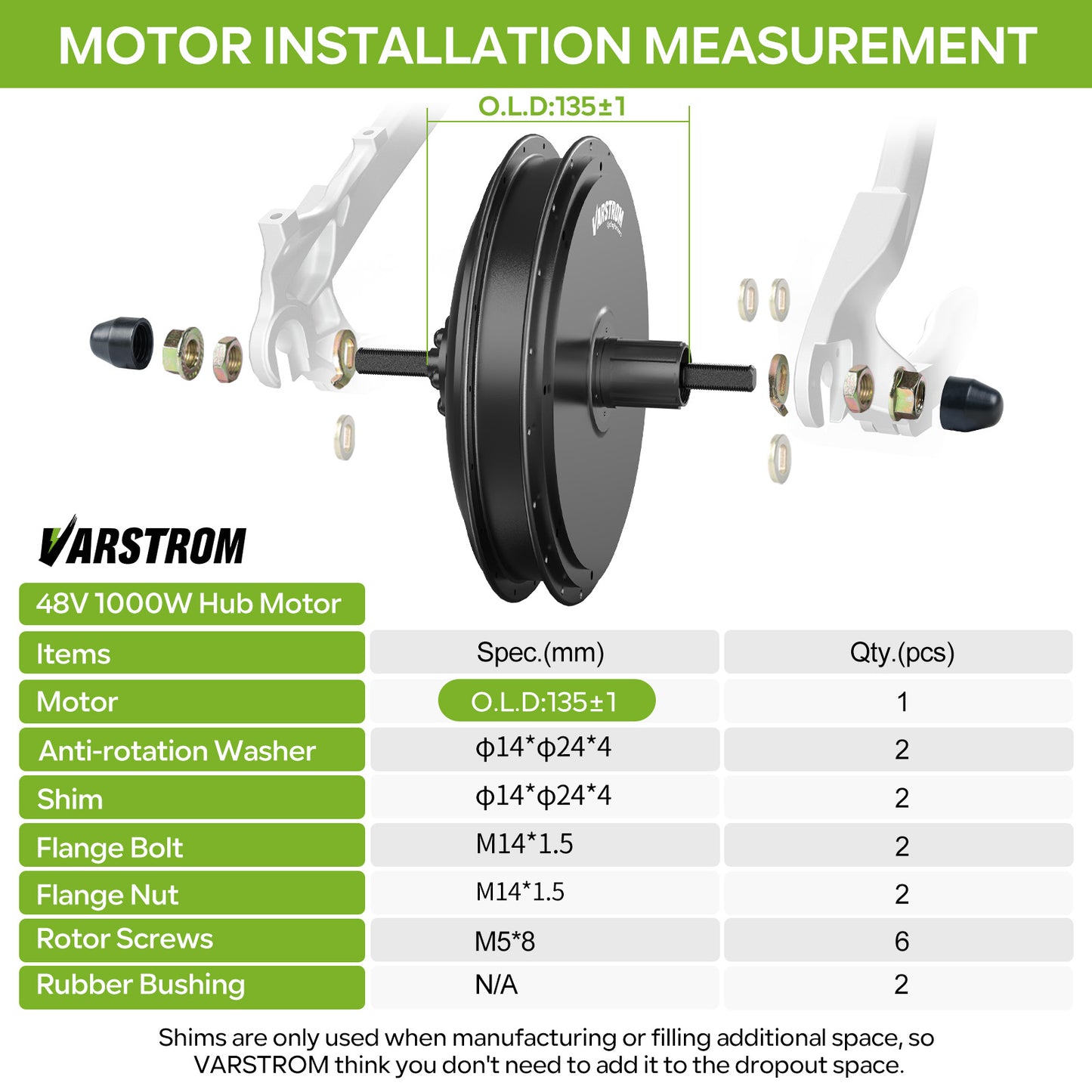 Installation Measurement for VARSTROM 48V 1000W Rear Hub Motor