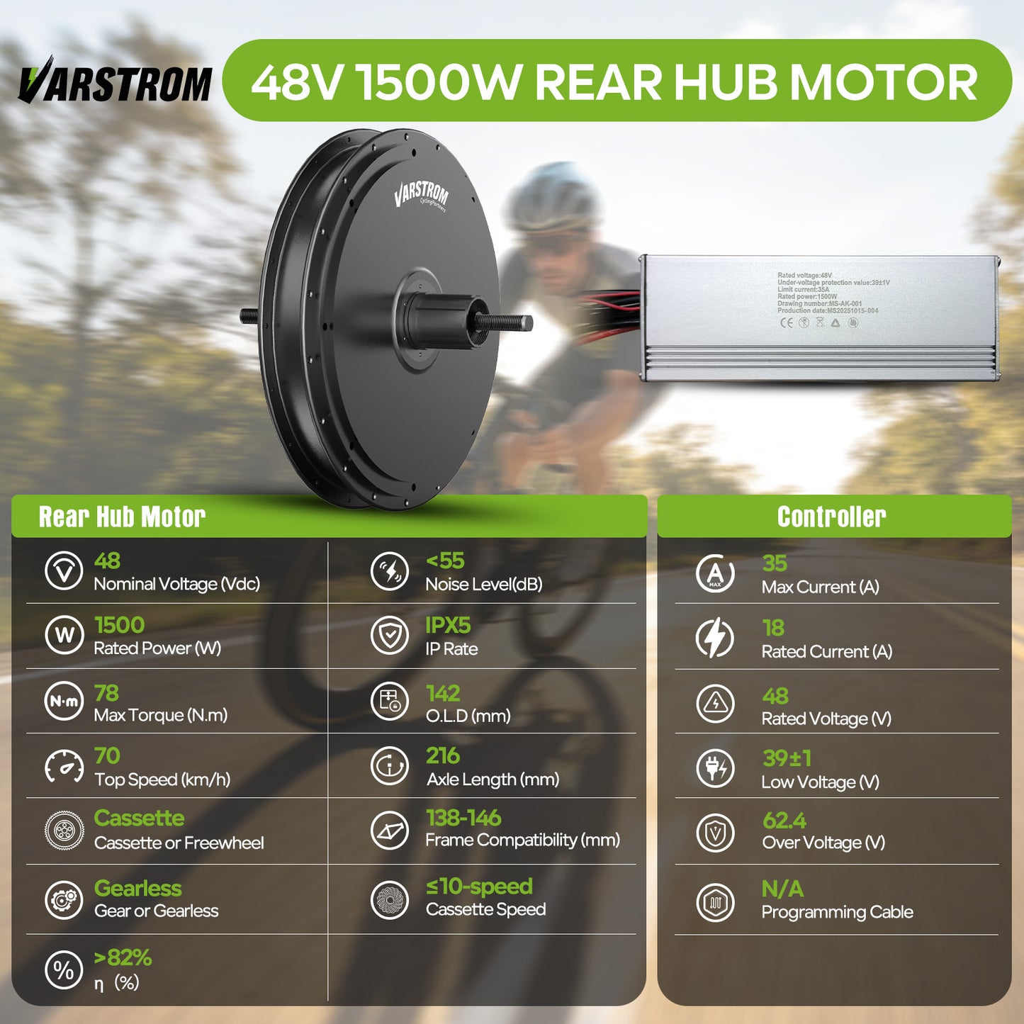 Motor Specification and Controller Specification VARSTROM 48V 1500W Rear Hub Motor