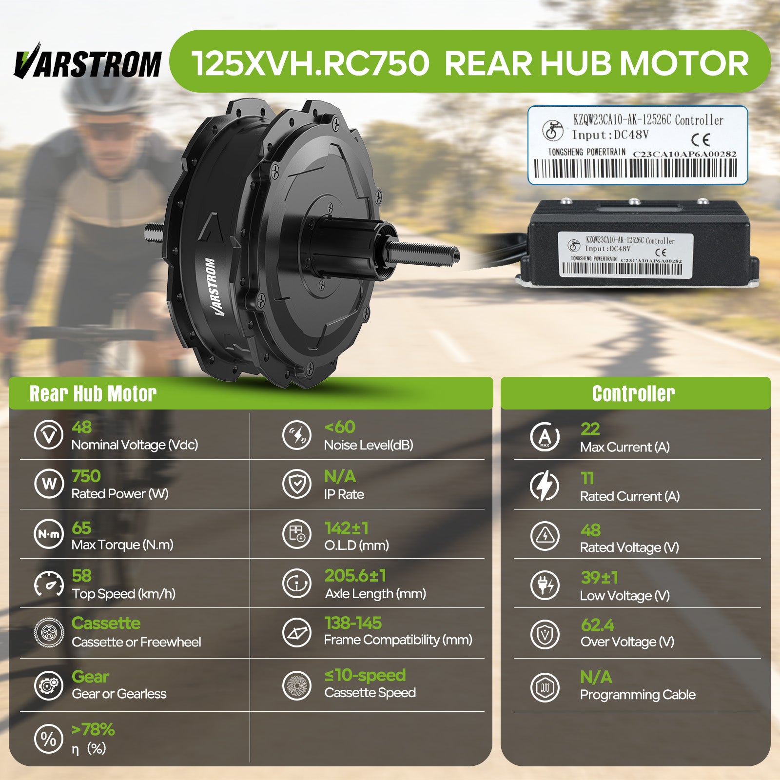 Motor Specs for VARSTROM (AIKEMA) 48V 750W 125XVH.RC750 Rear Hub Complete Conversion Kit