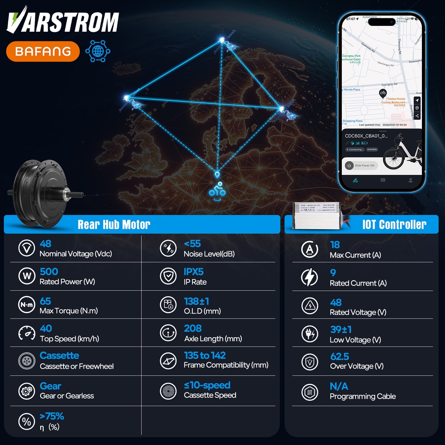 Motor and Controller Spec for VARSTROM BAFANG 48V 500W RM G020.500.DC Kits with IOT Controller System