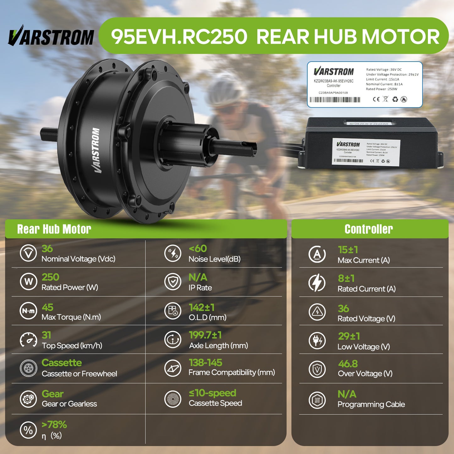 MotorandControllerSpecforVARSTROM_AIKEMA_36V250W95EVH.RCRearHubCompleteConversionKit