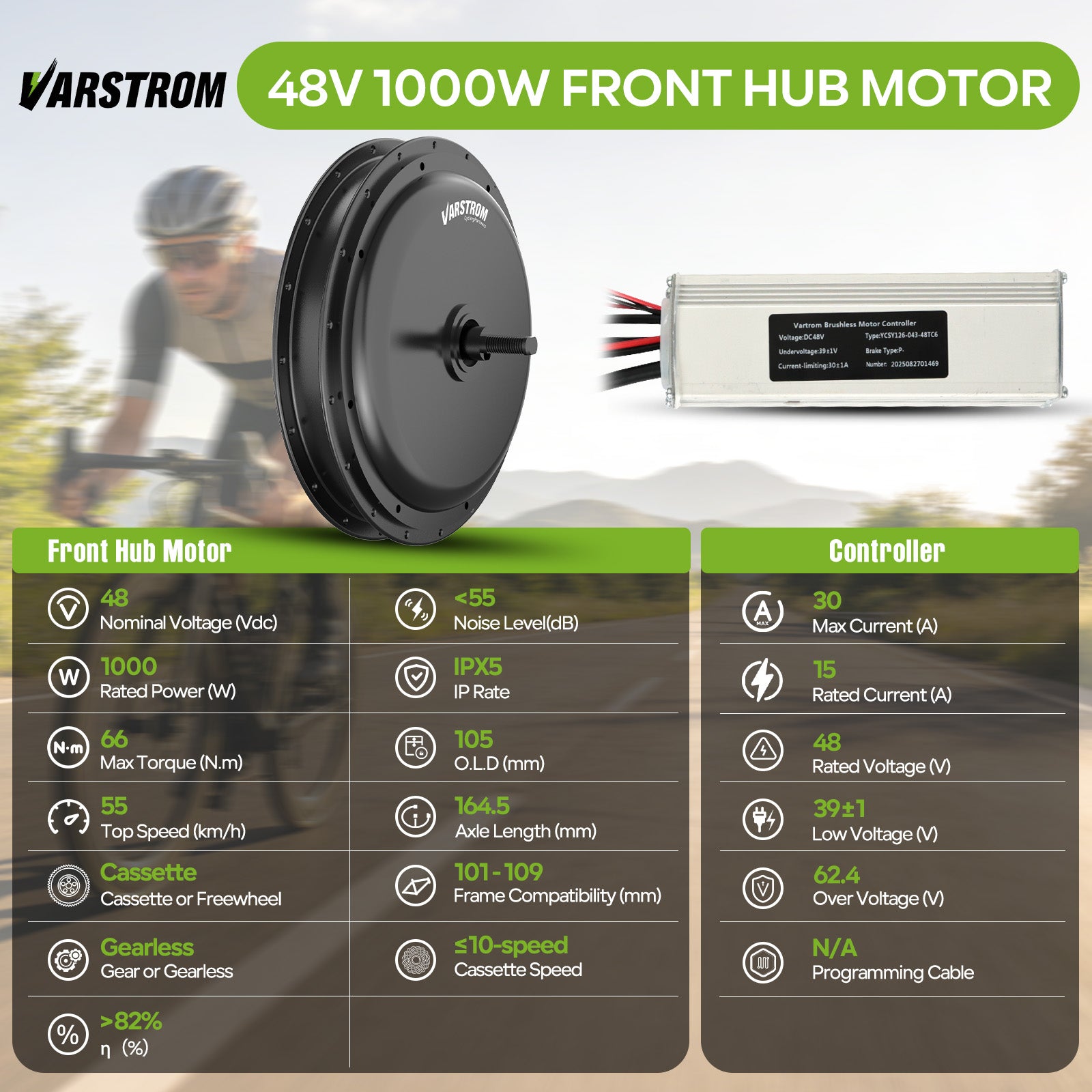 Motor and Controller Specification for VARSTROM 48V1000W Gearless Front Hub Motor Conversion Kits