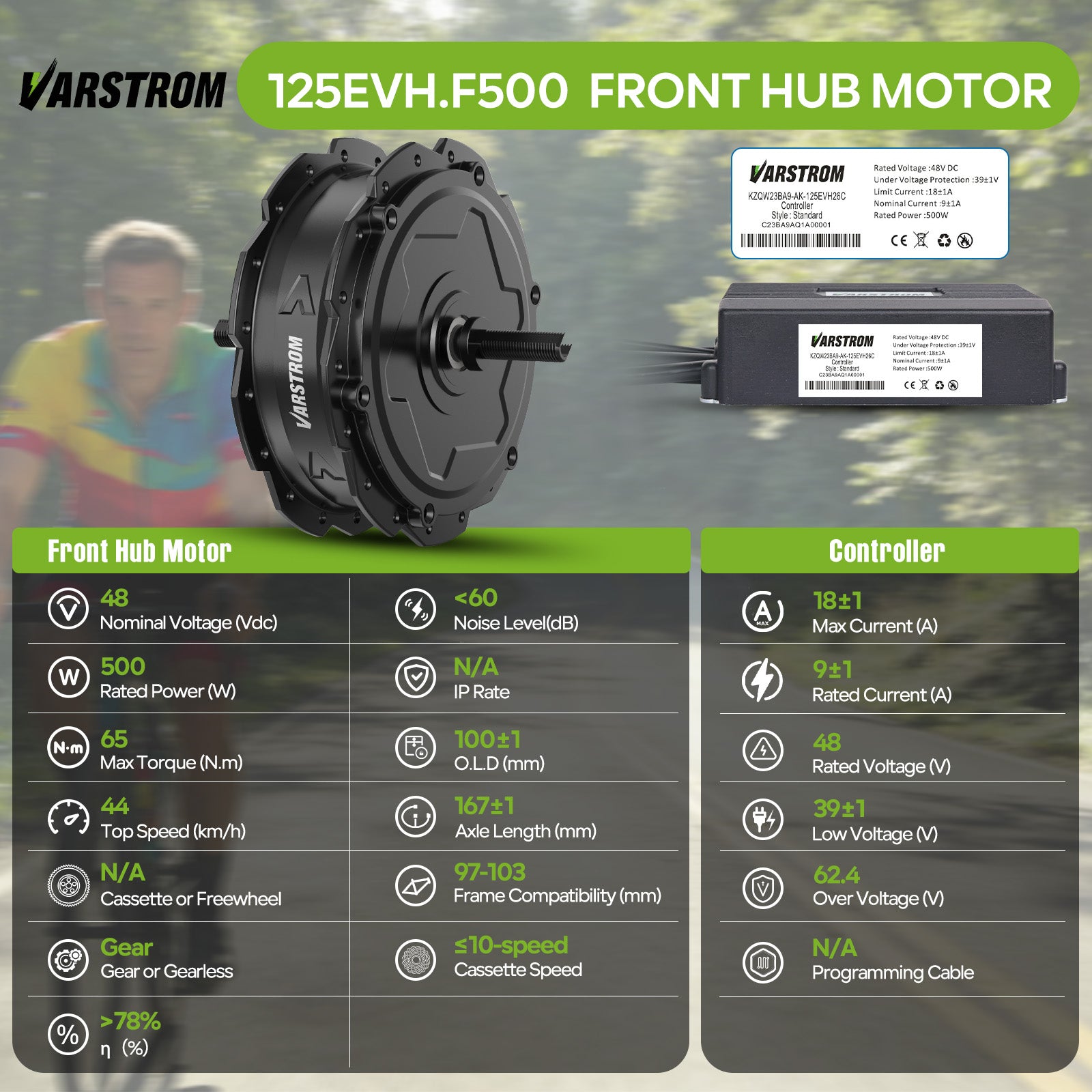 Motor and Controller Specs for AIKEMA 48V 500W 125EVH.F500 Rear Hub Complete Conversion Kit