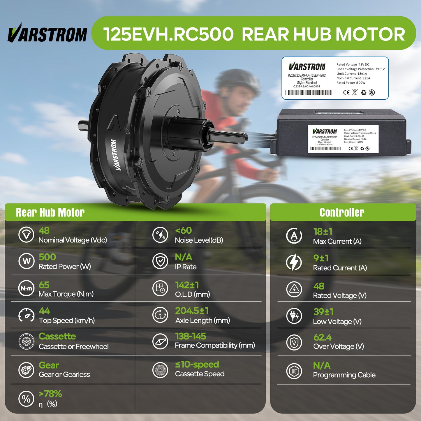 Motor and Controller Specs for VARSTROM & AIKEMA 48V 500W 125EVH.RC500 Rear Hub Complete Conversion Kit