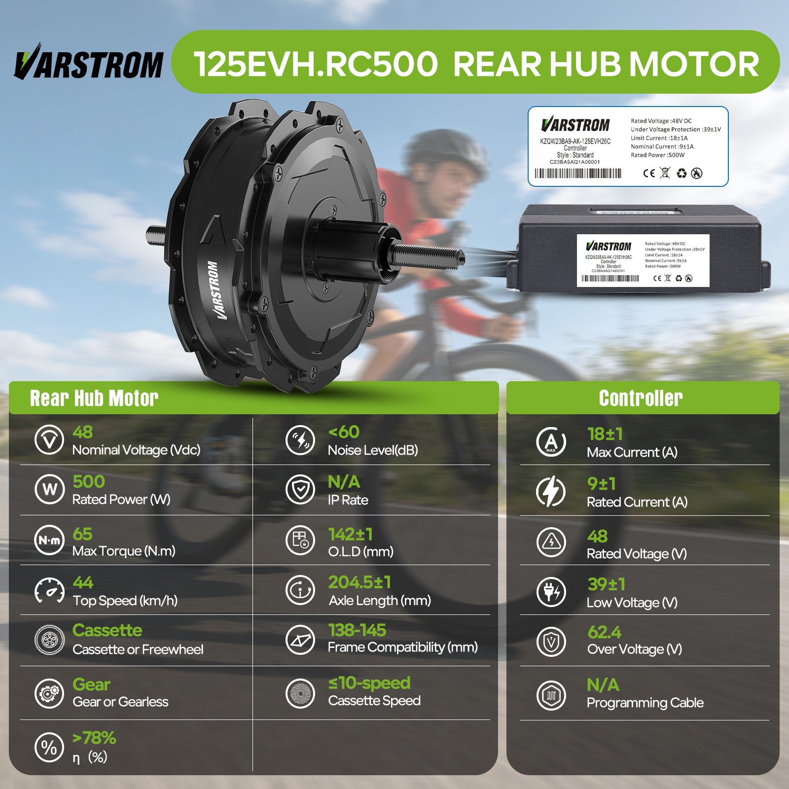 Motor and Controller Specs for VARSTROM & AIKEMA 48V 500W 125EVH.RC500 Rear Hub Complete Conversion Kit
