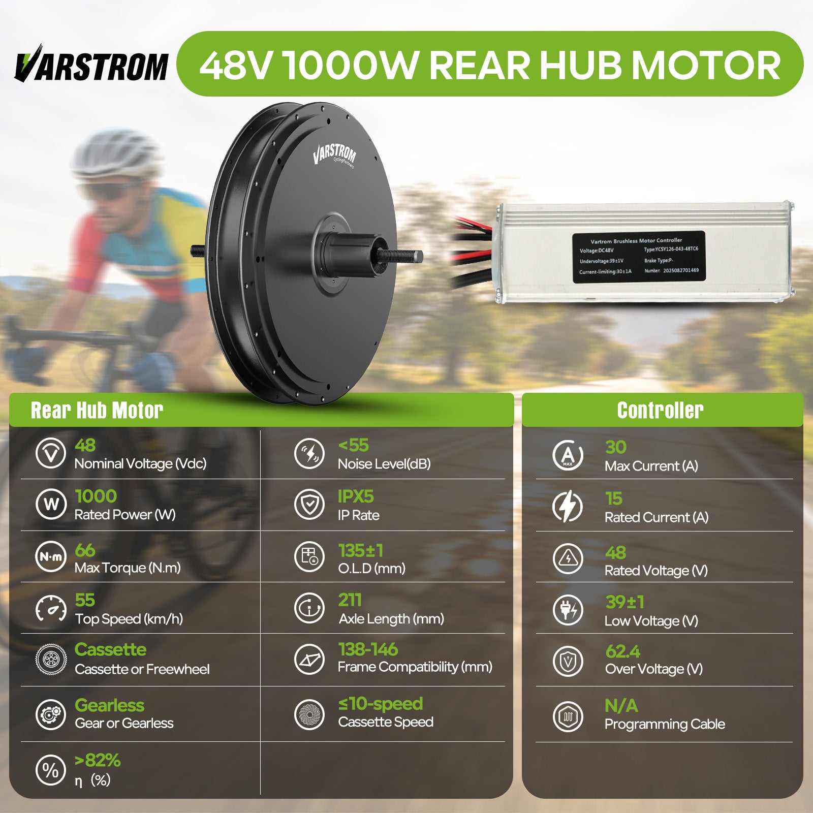 Specs for VARSTROM 48V 1000W Rear Hub Motor and Controller
