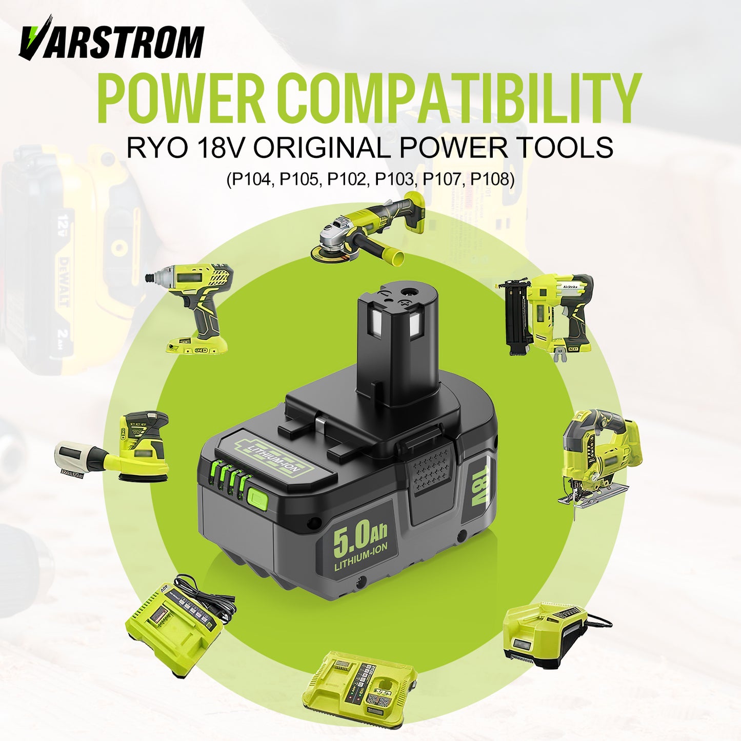 Varstrom 5.0Ah Battery For RYOBI P108 18V One+ Plus Cordless Power Tools