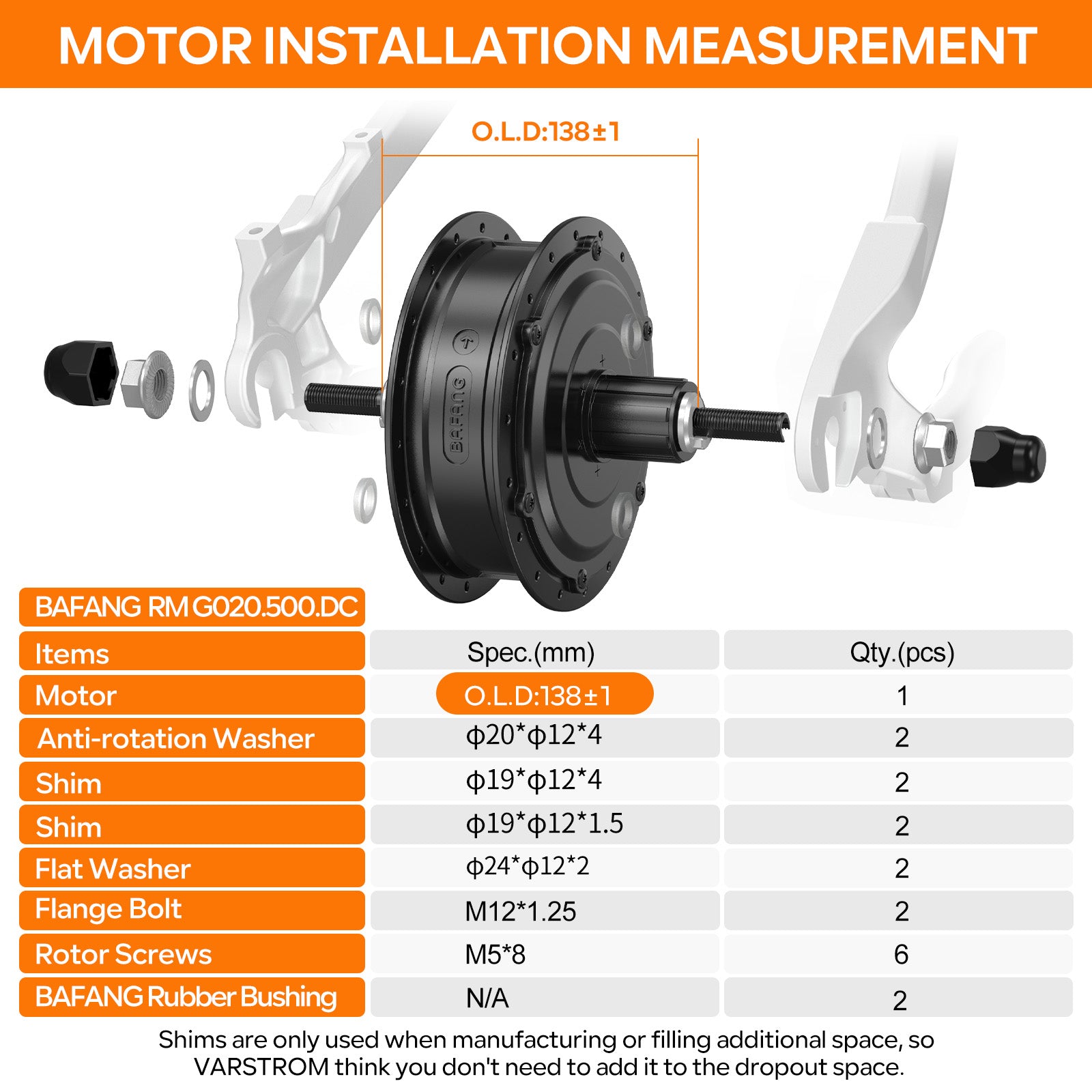 VARSTROM 48V 500W Rear Hub Kit Bafang Installation Measurement