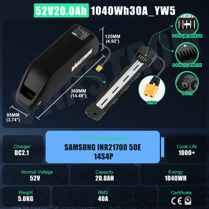 52V Downtube Battery with Charger for E-Bike Conversion