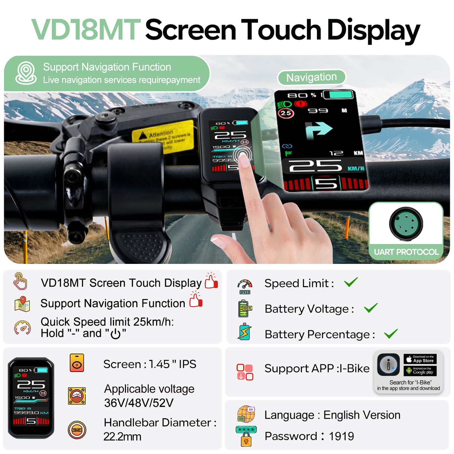 VD18MT Touchscreen HMI for BAFANG TONGSHENG VARSTROM Conversion Kits