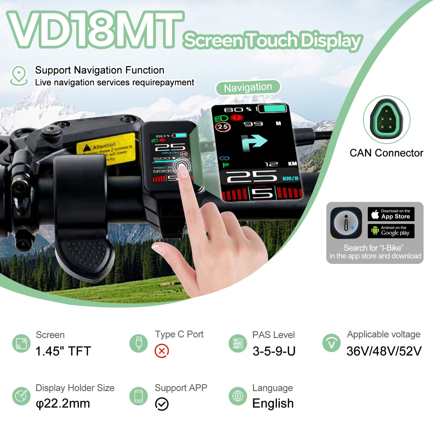 VD18MT Touchscreen HMI for BAFANG TONGSHENG VARSTROM Conversion Kits