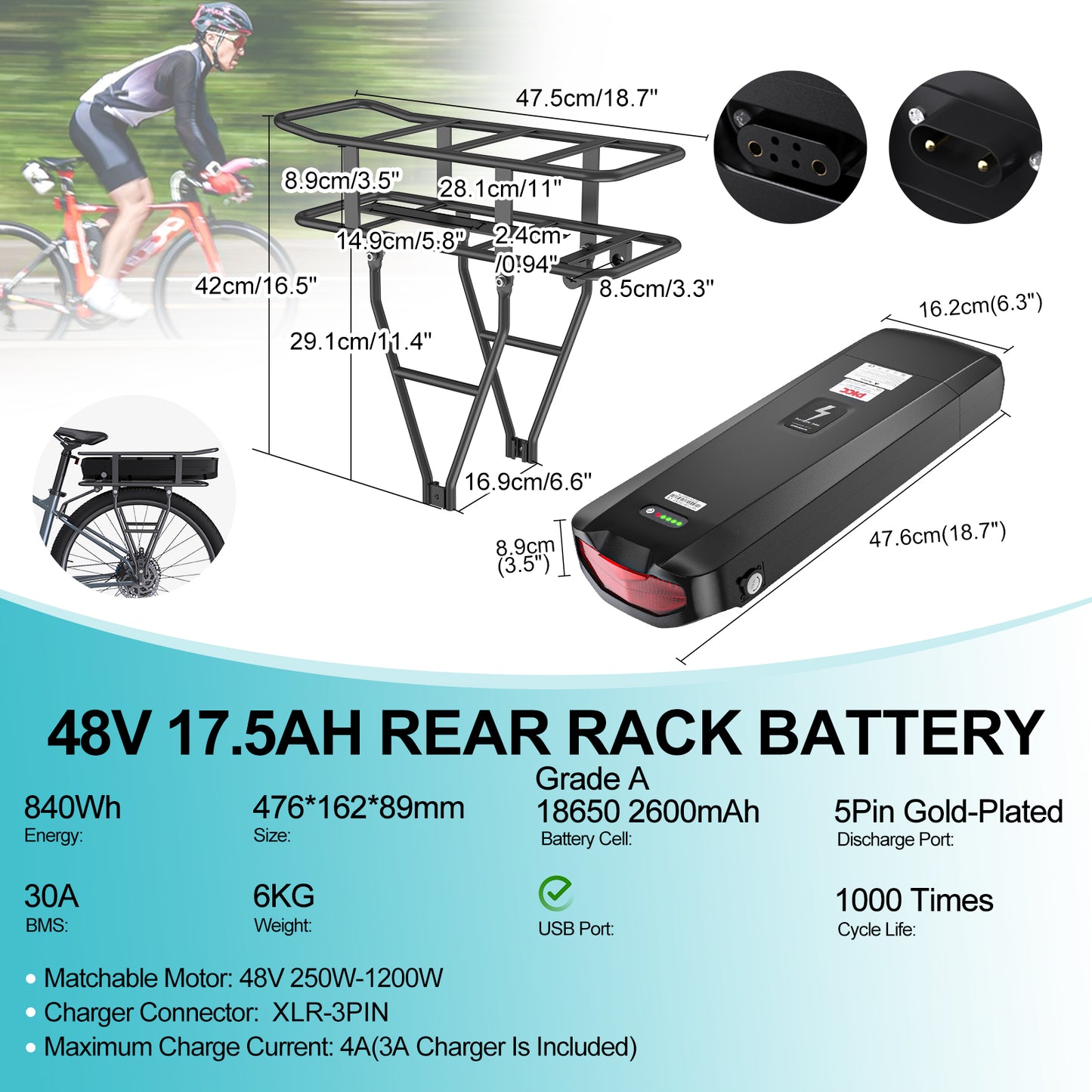 Varstrom48V17.5AhRearRackE-BikeBatterywith186502500mAhCells