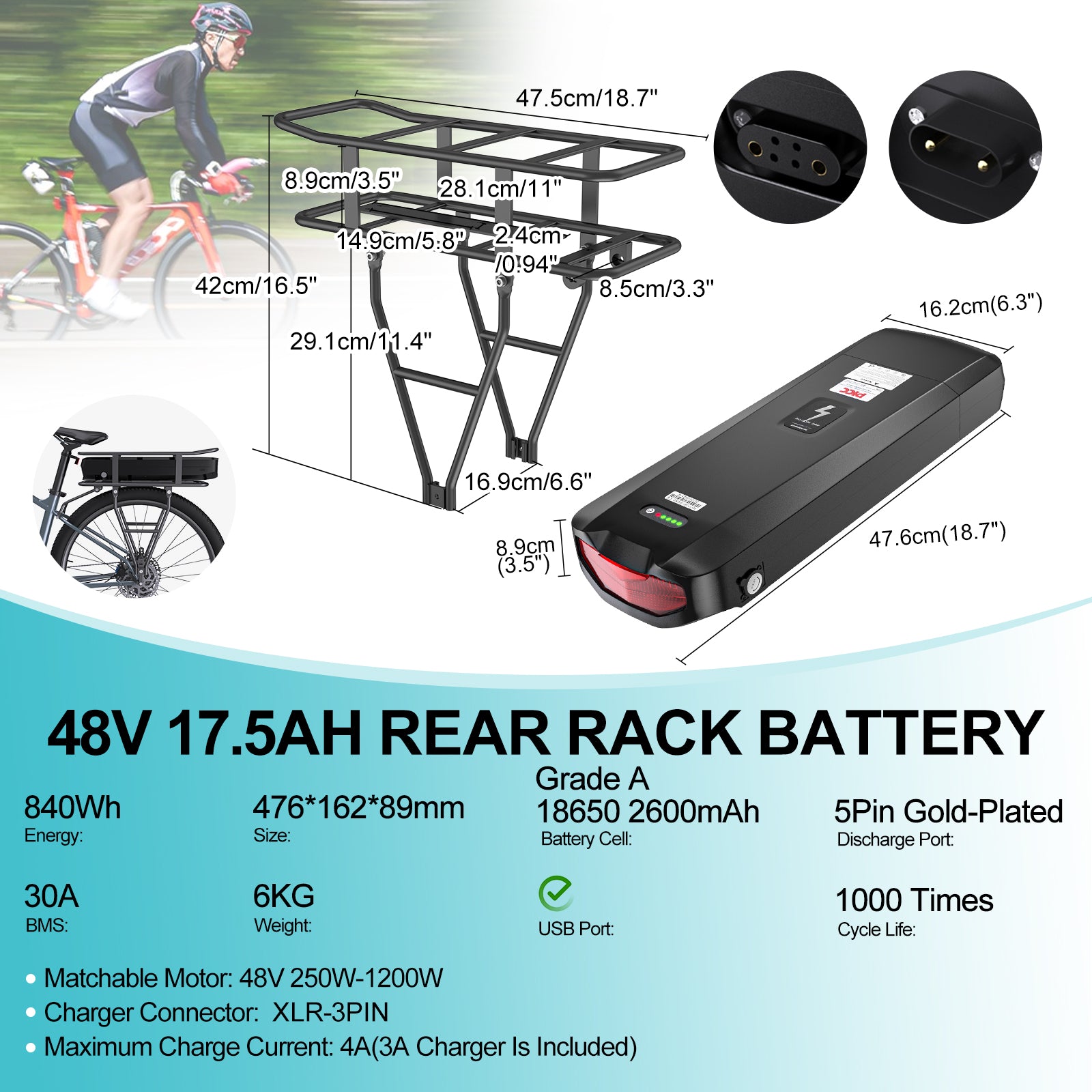 Varstrom48V17.5AhRearRackE-BikeBatterywith186502500mAhCells