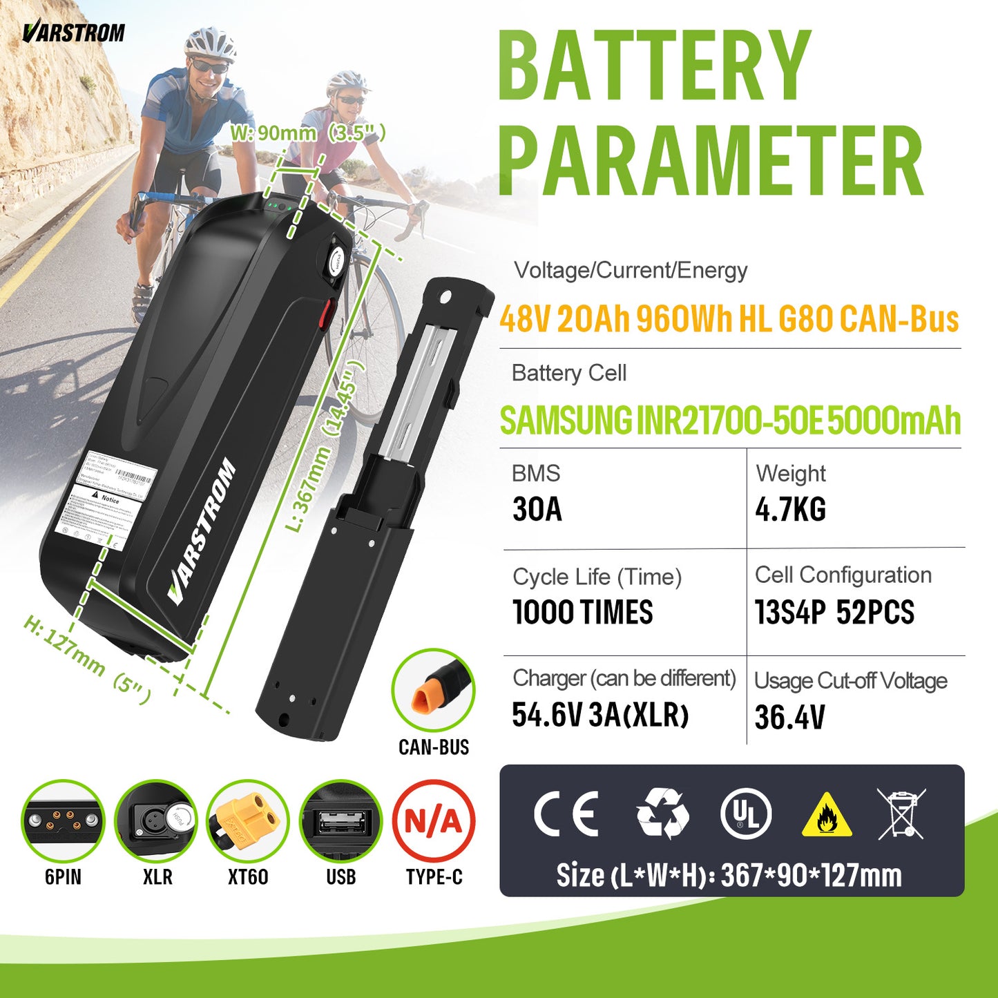 Varstrom48V20.0Ah960WhHLG80Can-bus_SAMSUNGINR21700-50E5000mAh