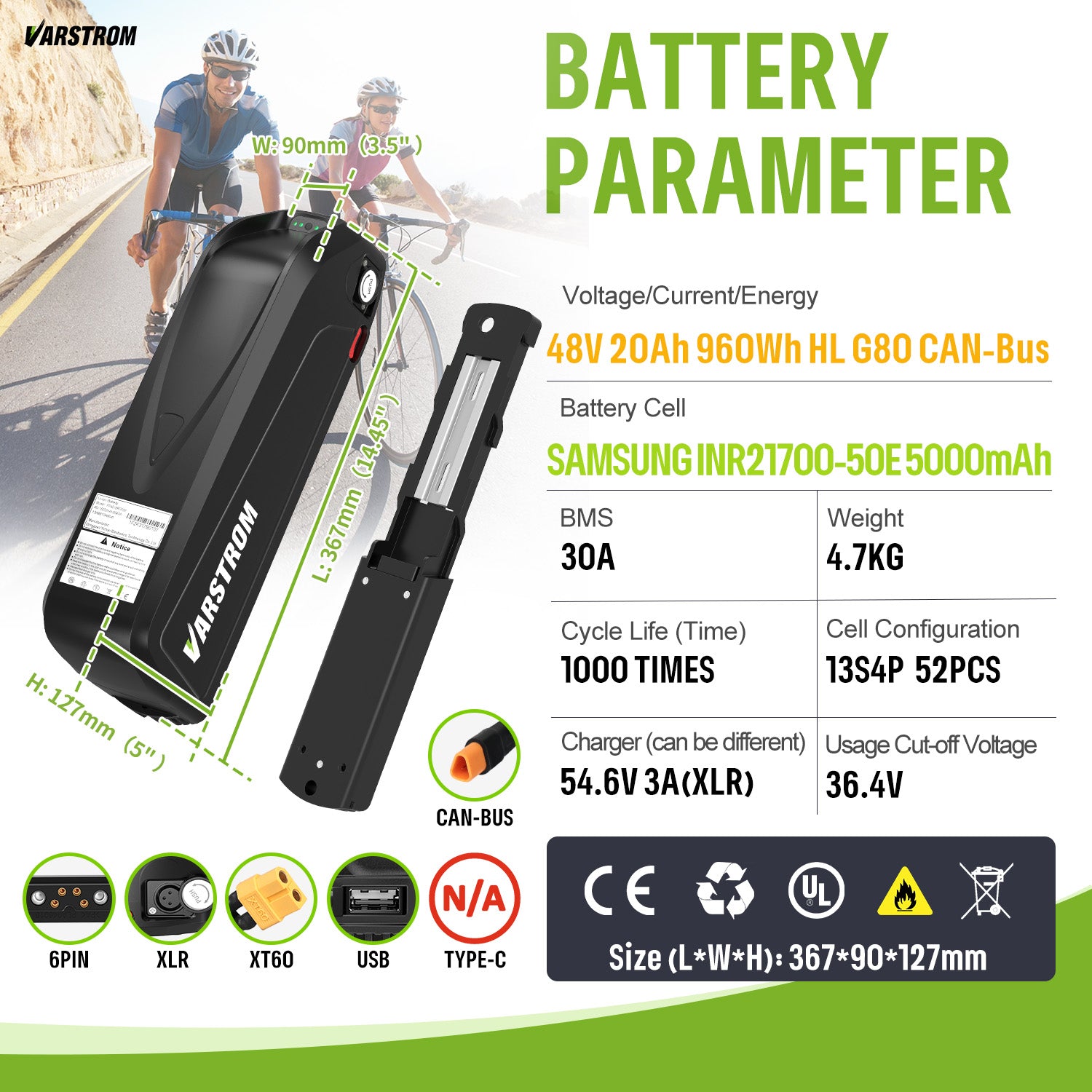 Varstrom48V20.0Ah960WhHLG80Can-bus_SAMSUNGINR21700-50E5000mAh