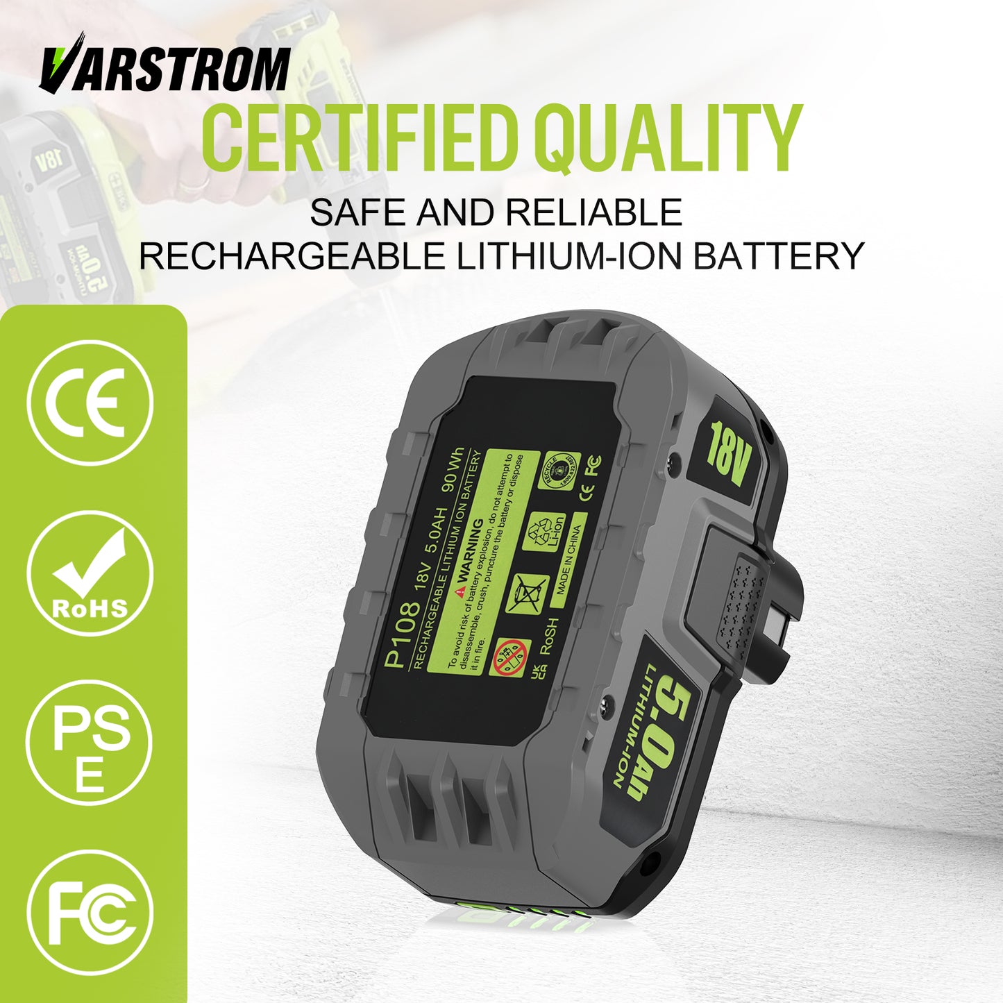 Varstrom 5.0Ah Battery For RYOBI P108 18V One+ Plus Cordless Power Tools