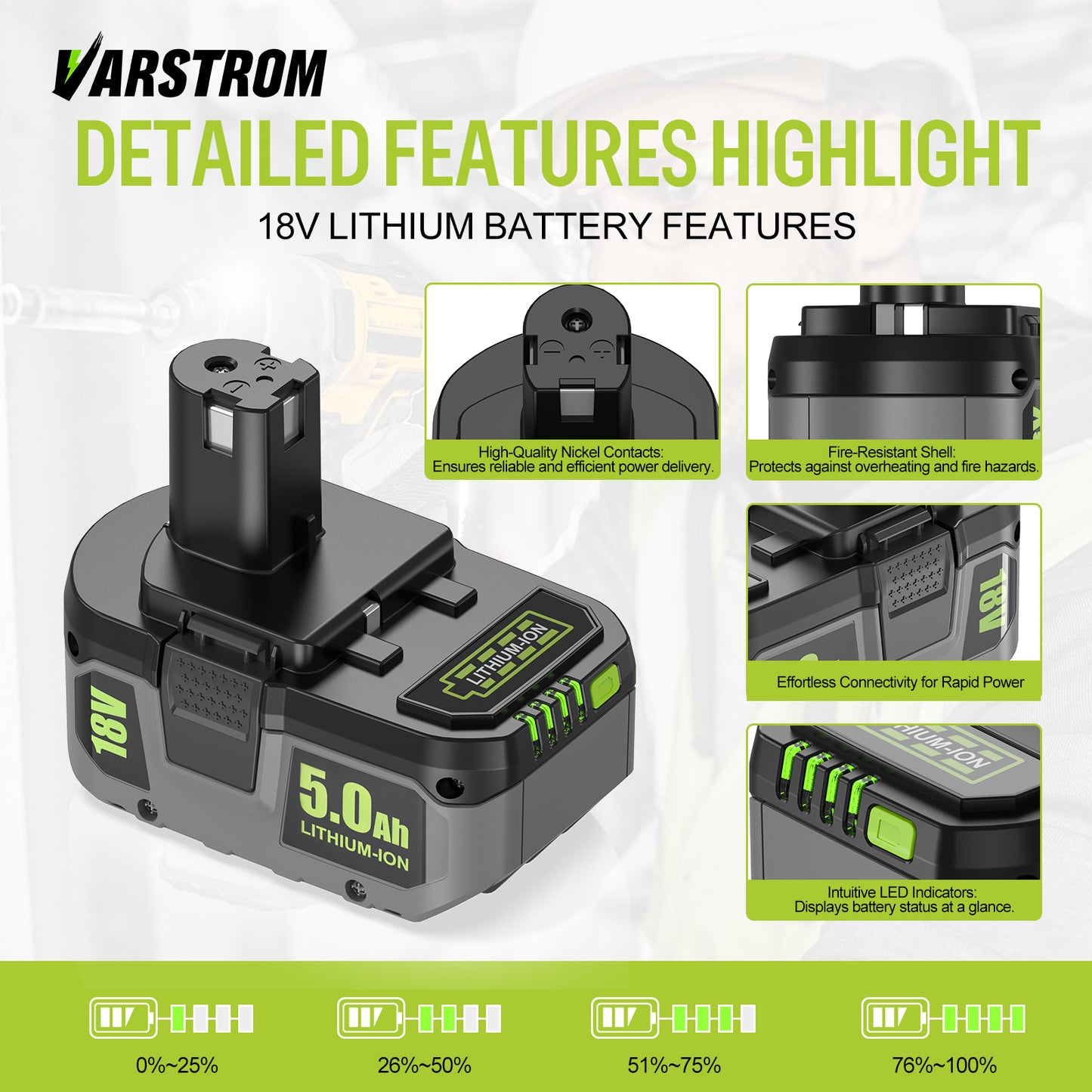 Varstrom 5.0Ah Battery For RYOBI P108 18V One+ Plus Cordless Power Tools