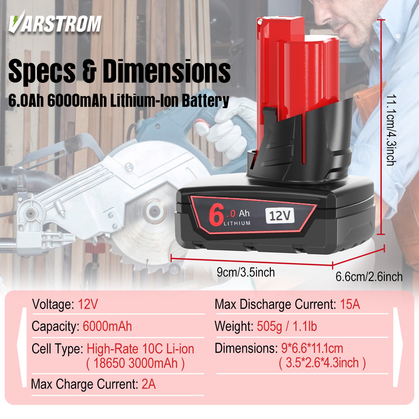 Varstrom 6.0Ah Battery For Milwaukee M12 Cordless Power Tools