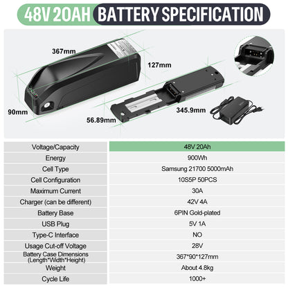Varstrom Downtube Battery 48V 20Ah (Samsung 217500-5000mAh Cell) for Bafang TongSheng E-Bike Conversion Kit