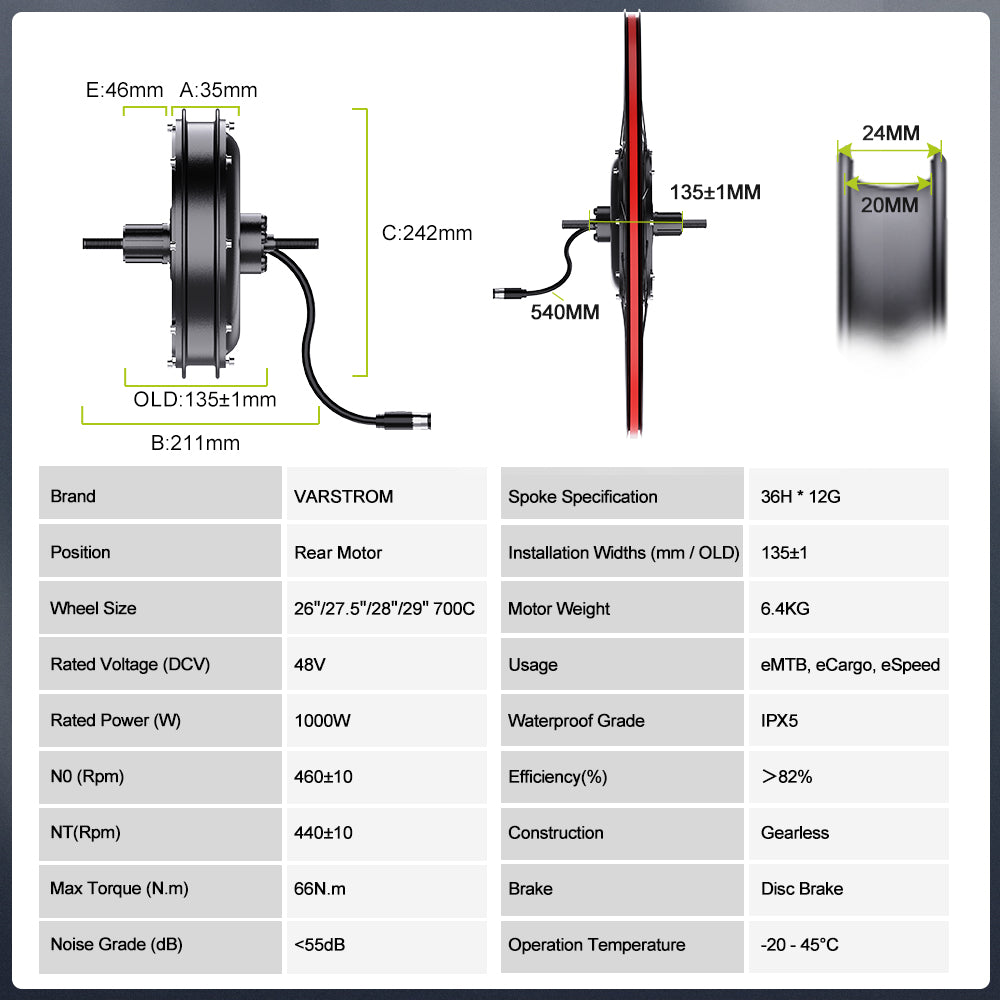 Varstrom 48V 1000W Rear Hub Motor Conversion Kit with Disc Brake and Cassette Body