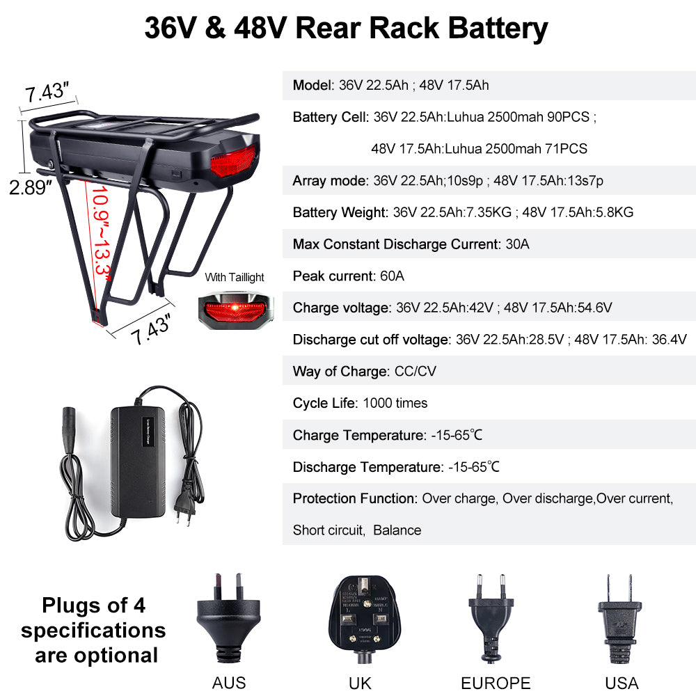 48V 17.5 Ah/36V 22.5Ah/52V 17.5 Ah Lithium Pannier Rack Electric Bicycle Luggage Battery